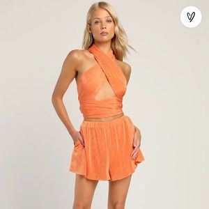 Lulu’s Cross Your Mind Orange Convertible Sleeveless Two-Piece Romper | Medium